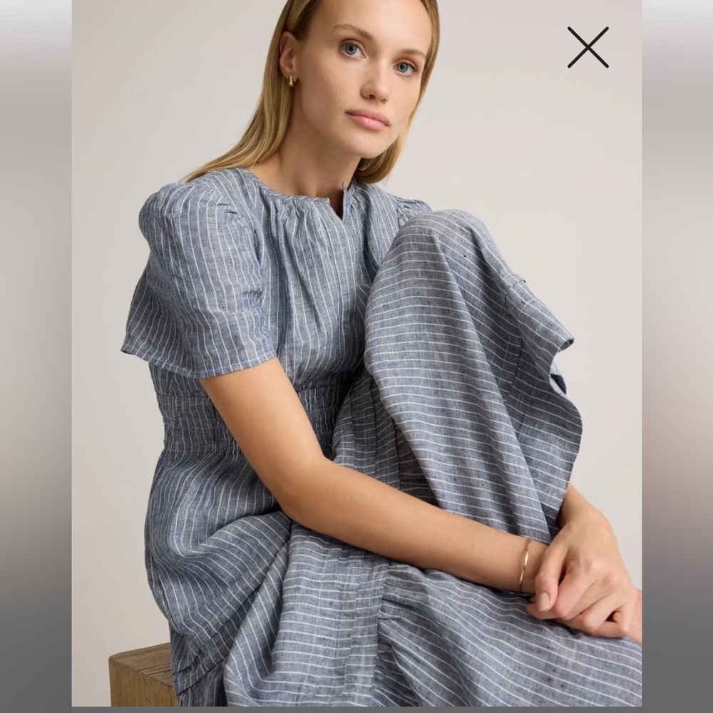 Quince 💯 European Linen Blue pinstriped and White Tiered Maxi Dress